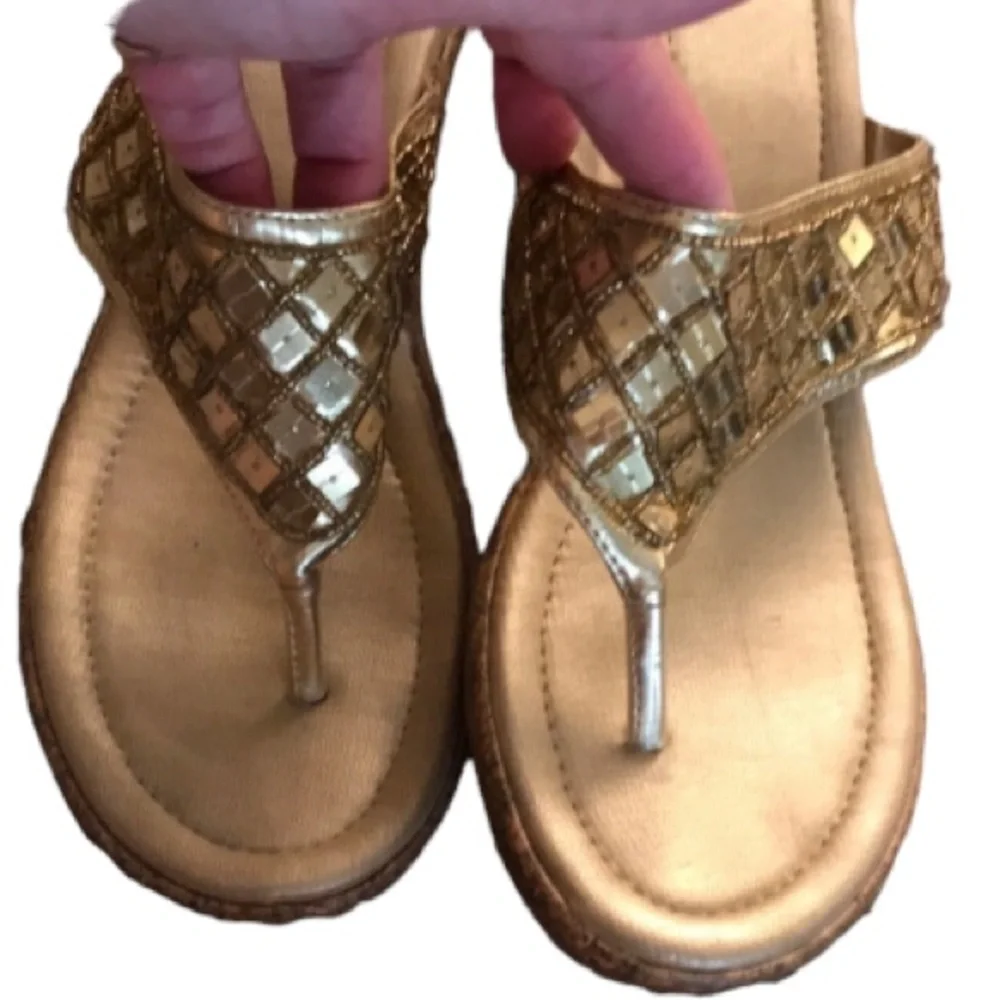 Gold sequin size 10 wedge’s with seed beads and square sequins,Cork heel